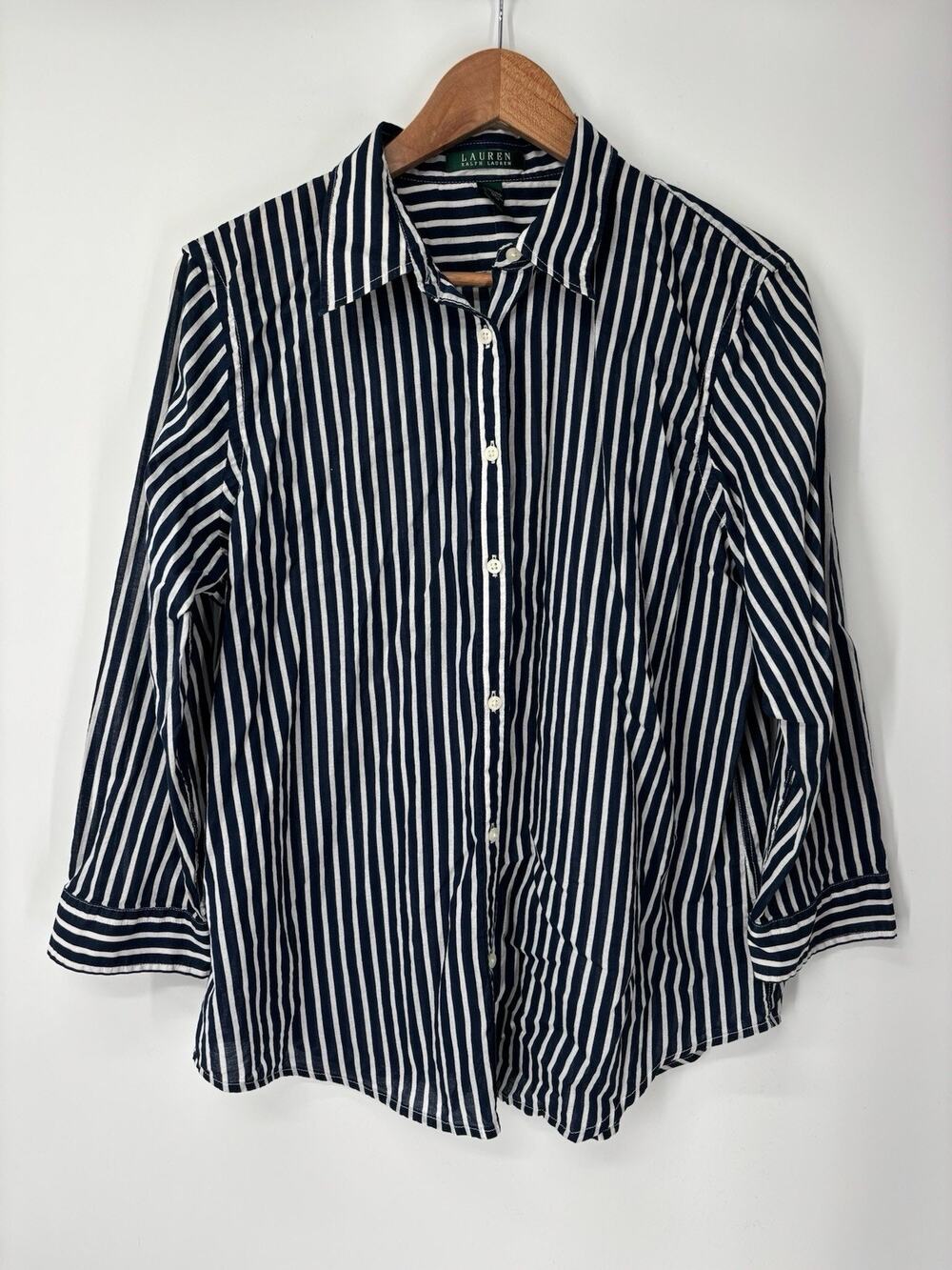 LAUREN Ralph Lauren Stripe Button Up Shirt XL Navy & White Cotton Top